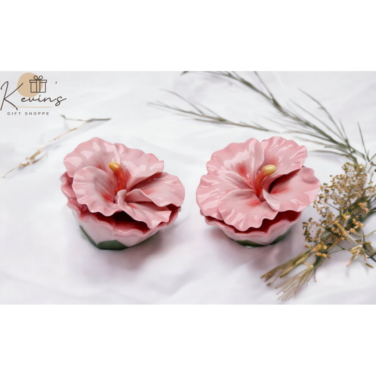 Pink Ceramic Hibiscus Flower Salt and Pepper Shakers Set