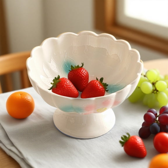 Ceramic High Footed Fruit Serving Bowl for Dessert Snack Table Centerpiece Display 1 Count