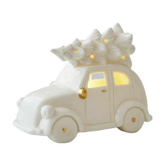 Ceramic Holiday Car Figurine With Illuminated Christmas Tree For Seasonal Home Decor In Classic White