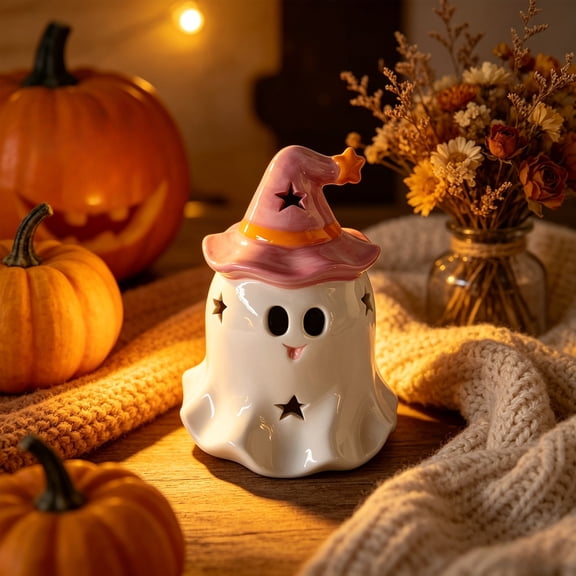 Ceramic Hollow Ghost Figurines - Star Cutout Halloween Ghost Ornaments for Tiered Tray, Farmhouse & Spooky Modern Home Decor