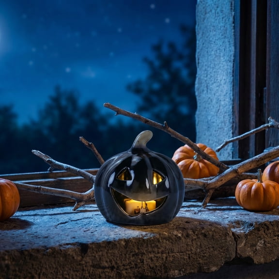 Ceramic Hollow Jack O Lantern Light, Light up Halloween Pumpkin Figurine, Glowing Tabletop Decor Lamp, Summer Pre-Holiday Ornament for Fall Thanksgiving/Home Party/Indoor Outdoor Decoration, Black