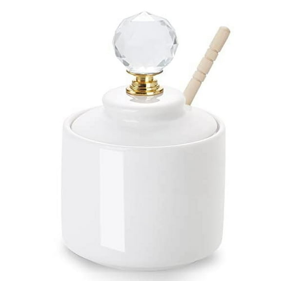 Ceramic Honey Jar with Dipper and Round Crystal Lid , Small Honey Pot for Home Kitchen, 8oz (Gold)