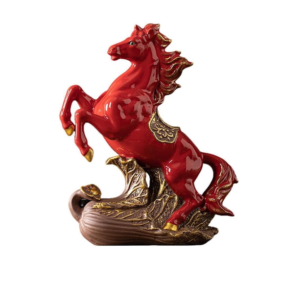 Ceramic Horse Statue,Chinese Feng Shui Red Horse Figurines for Fire Horse Year 2026, Chinese FireHorse Decorations, Animal Sculpture Home Tabletop Ornament with Small Wooden Base and Gift Box
