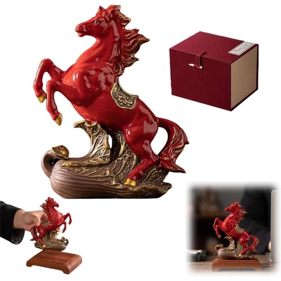 Ceramic Horse Statue, Feng Shui Red Horse Figurine for Fire Horse 2026, Chinese Zodiac Sculpture with Wooden Base & Gift Box