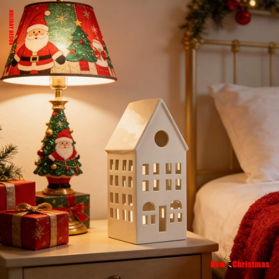 Ceramic House Figurine,White Hollow Christmas Village House Decor,Tabletop Holiday Ornament,for Fireplace Mantel Shelf Indoor Xmas Home Decoration