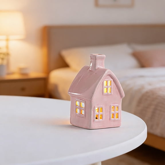 Ceramic House Figurines Tabletop Decor Village Set for Celebrations & Parties with Candle - Festive Mini Cottage Scene Props for Home & Gifts A