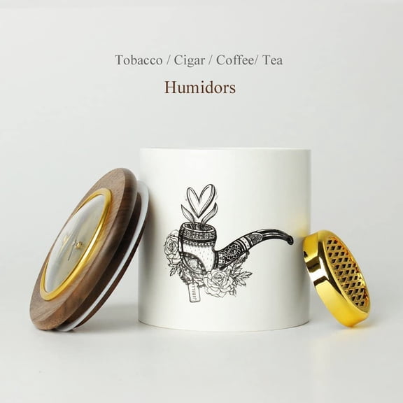 Ceramic Humidor Jar Tin Airtight Storage with Lid Integrated Hygrometer and Humidifier CG0016