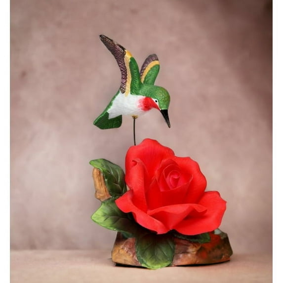 Ceramic Hummingbird Figurine 6.25 inch Red Rose Birdwatcher