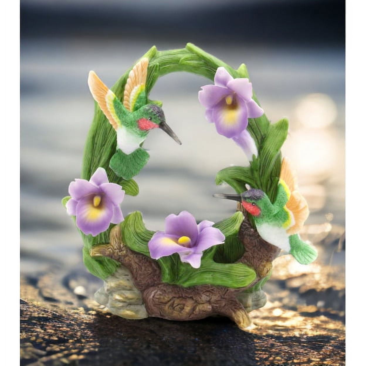 Ceramic Hummingbird Figurine with Purple Orchid Flowers, 5.5 inches