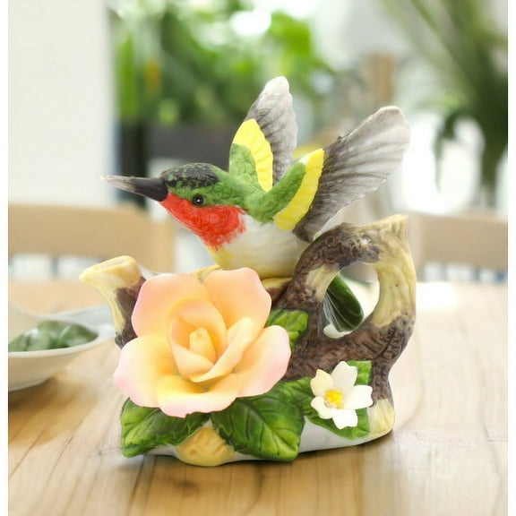 Ceramic Hummingbird Teapot Figurine 3in Rose Flower Kitchen Gift