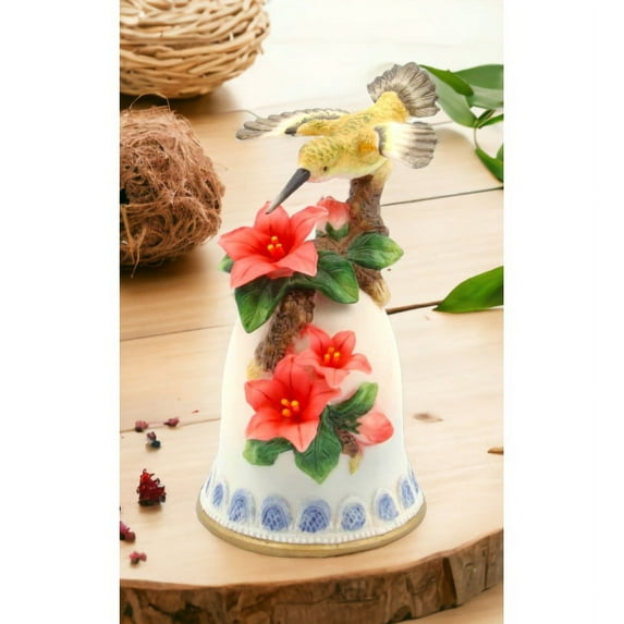 Ceramic Hummingbird with Azalea Flower Bell 5in Vintage