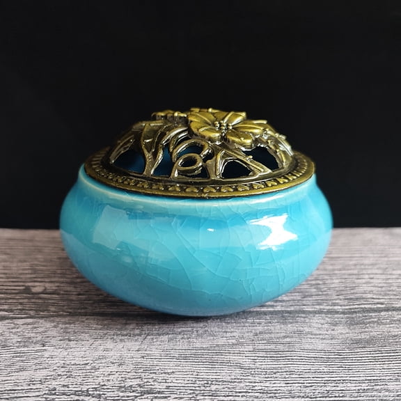 Ceramic Ice Crack Coil Incense Burner with Copper Cover, Colorful Antique Alloy Incense Plate Aroma Diffuser Home Decor