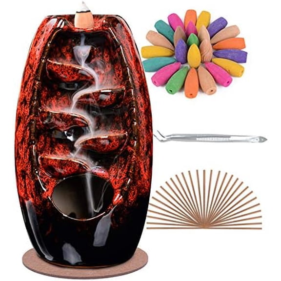 Ceramic Incense Burner Holder Waterfall, Aromatherapy Ornament Home Decor with 120 Backflow Incense Cones & 30 Stick, Red