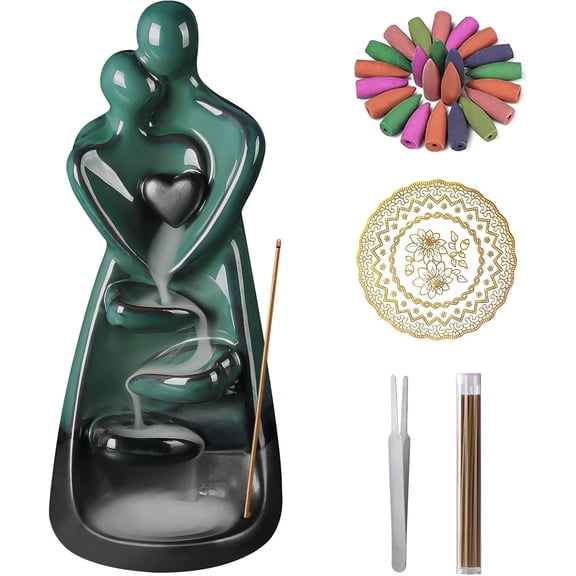 Ceramic Incense Burner, Waterfall Lovers Incense Holder with 30 Incense Sticks 20 Incense Cones, Creative Incense Waterfall Ornament, Backflow Incense Burner Holder, Zen Garden Meditation Home Decor