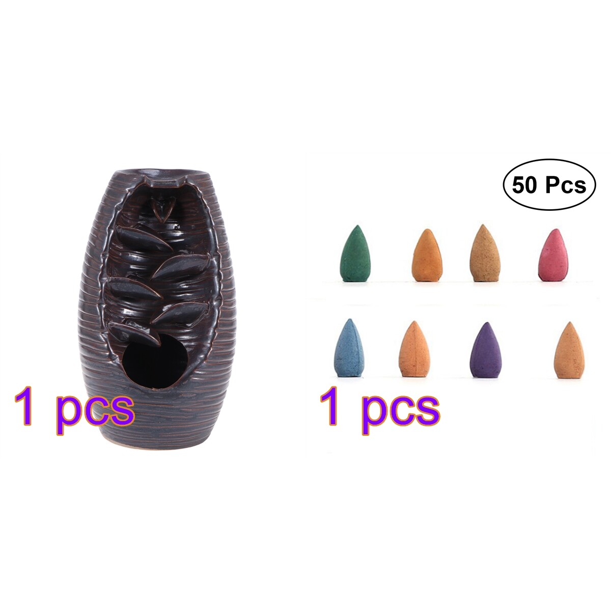 Ceramic Incense Waterfall Burner Backflow Smoke Censer Holder + 50 Cones