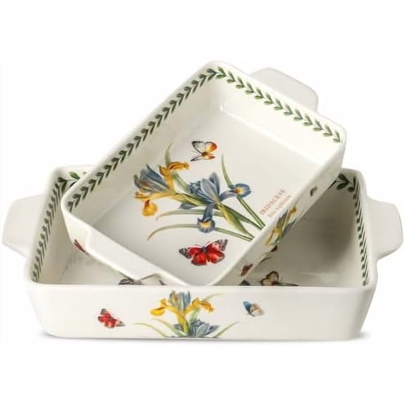 Ceramic Iris Baking Casserole Dish with Handles, Large 2 pieces 8x13 inch & 6x10 inch Lasagna Baking Dish and Middle Flower Andplant Baking Pan - Porcelain Serving Bakeware Set