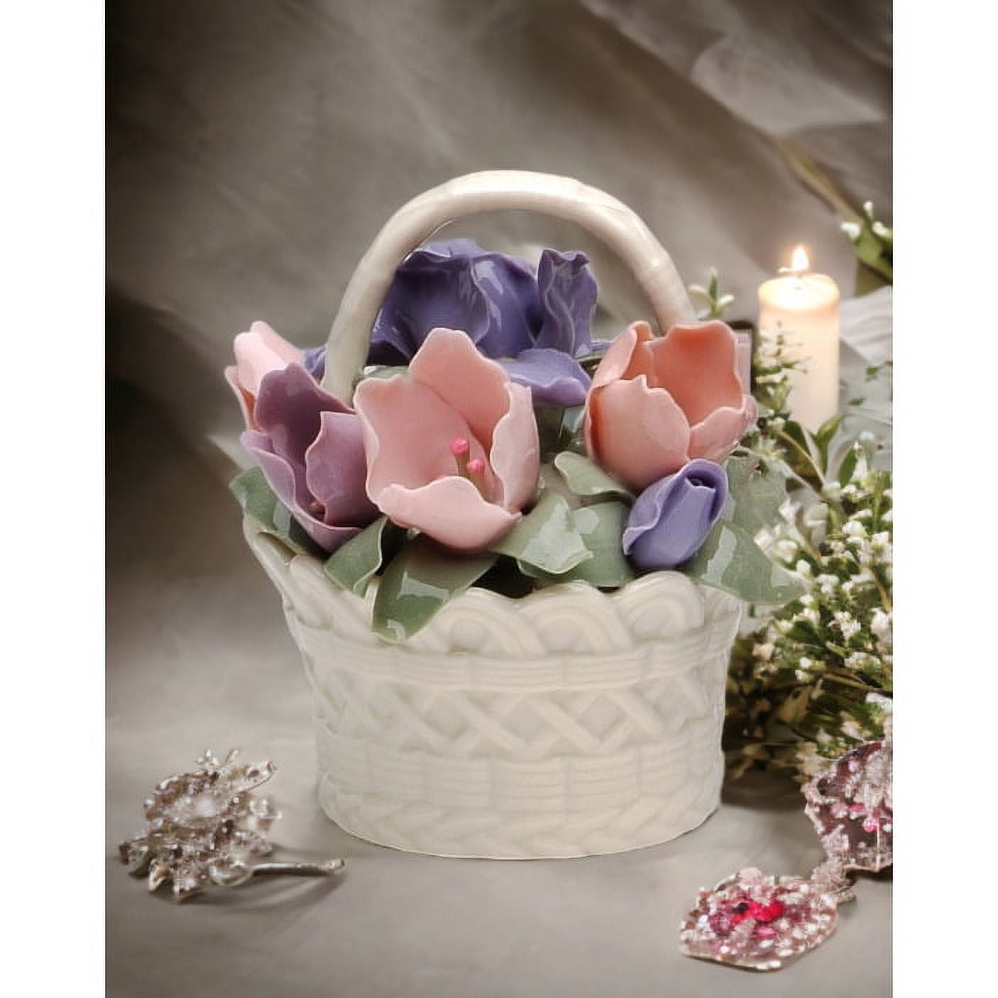Spring Floral Ceramic Basket Figurine with Iris Flowers