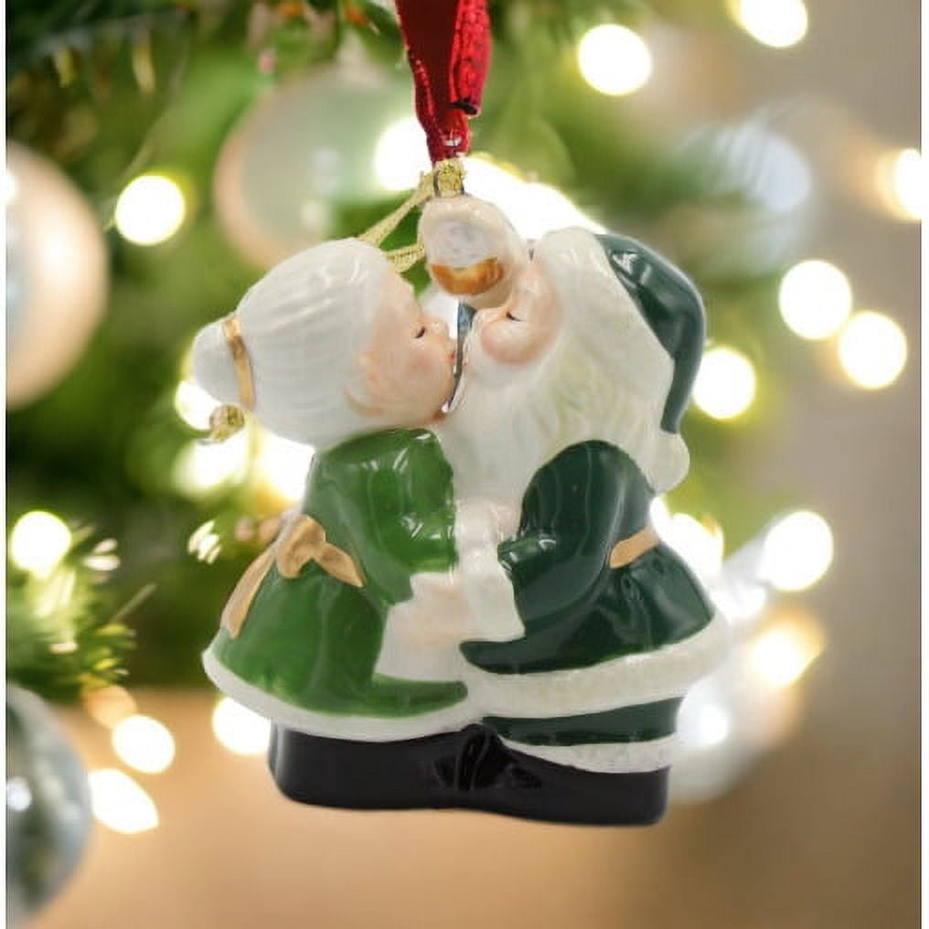 Hand-Painted Green Porcelain Kissing Santa Couple Ornament