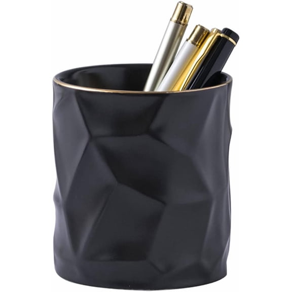 Ceramic Irregular Round Pen Holder For Desk Cute Stand Gold Line Aesthetic Pencil Cup Pot Desk Organizer for Men Women Makeup Brush Holder (Black)