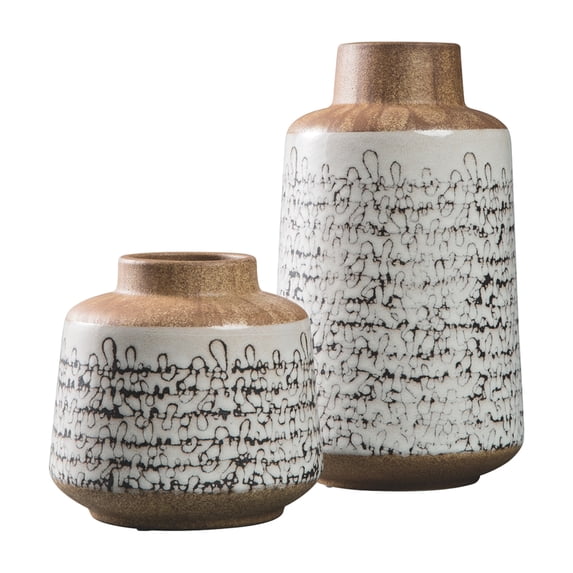 Ceramic Jar Design Vase with Dual Tone Look, Set of 2, Gray and Brown