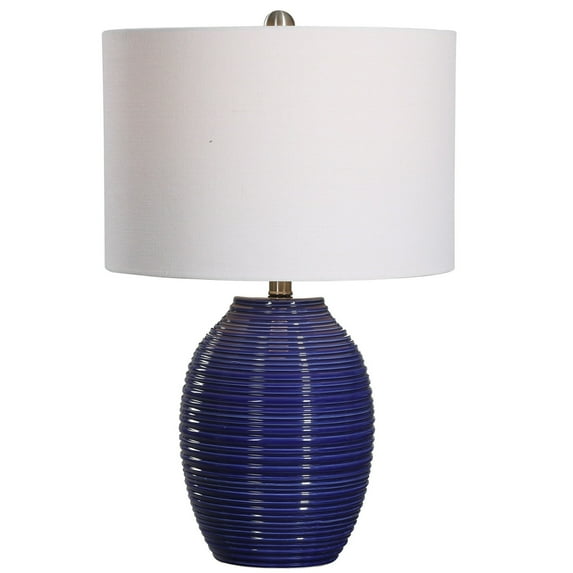 Benjara Ceramic Jar Shape Table Lamp with Ribbed Texture, Blue