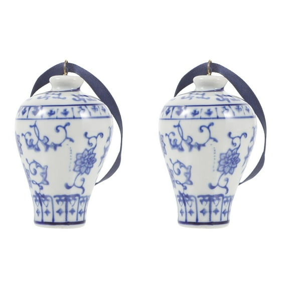 Ceramic Jar Wind Chimes Hanging Ornament Blue and White Porcelain Outdoor Pot Bell Decorate 2 Pieces