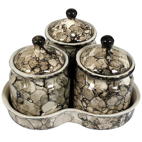Ceramic Jars with Lid and Holding Tray | Multipurpose Barni for Chutney, Pickle, Spice, & Ketchup | Storage Container | Dining Table Container Set(Pack of 3, Grey)