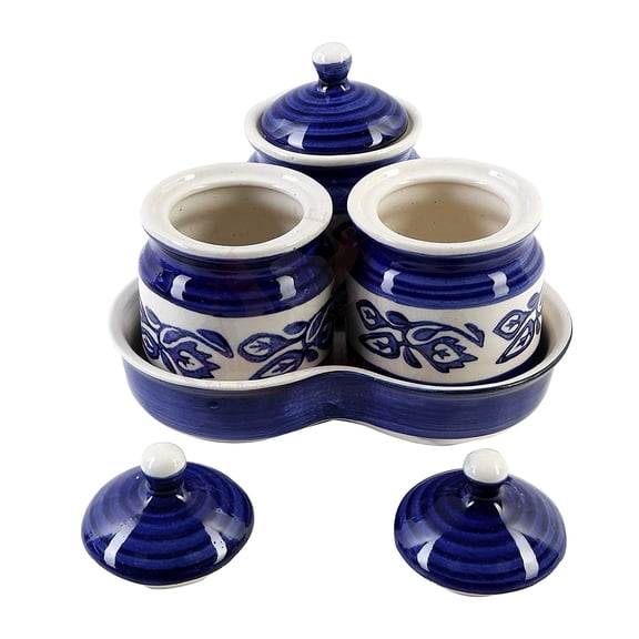 Ceramic Jars with Lid and Holding Tray | Multipurpose Barni for Chutney | Pickle jar | Storage Container | Dining Table Container Set (Set of 3, Multi-color) (Blue)