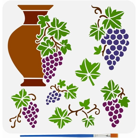 Ceramic Jars Stencils with a Brush 11.8x11.8Inch Grapes Painting Stencils Reusable PET Branches and Leaves Pattern Stencil Fall Theme Decoration Template for DIY handcrafting