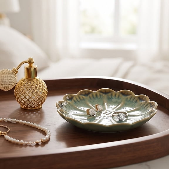 Ceramic Jewelry Tray Decorative Trinket Dish Ring Holder Scalloped Vanity Dresser Bathroom Countertop Tabletop Storage for Rings Earrings Bracelets Small Accessories Home Decor Display
