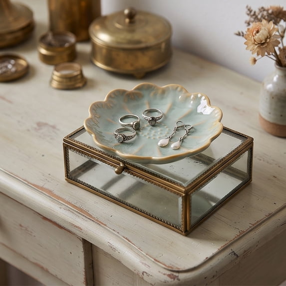 Ceramic Jewelry Tray Decorative Trinket Dish Ring Holder Scalloped Vanity Dresser Bathroom Countertop Tabletop Storage for Rings Earrings Bracelets Small Accessories Home Decor Display