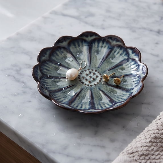 Ceramic Jewelry Tray Decorative Trinket Dish Ring Holder Scalloped Vanity Dresser Bathroom Countertop Tabletop Storage for Rings Earrings Bracelets Small Accessories Home Decor Display