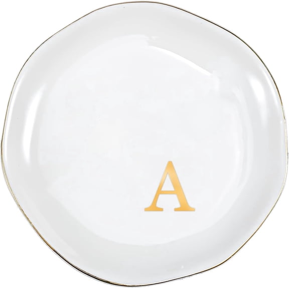 Ceramic Jewelry Tray, Initial Ring Dish Trinket Plate Engagement Gift, Small Personalized Monogram Ring Bowl for Wedding, White Decorative Jewelry Holder for Women Vanity -Letter A