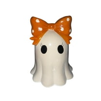 Ceramic Kawaii Ghost Statue Halloween Decor - Polka Dot Bow Desk Ornament Gothic Cute Figurine Office Shelf Decor Spooky Gift Idea(Orange)