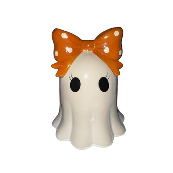 Ceramic Kawaii Ghost Statue Halloween Decor - Polka Dot Bow Desk Ornament Gothic Cute Figurine Office Shelf Decor Spooky Gift Idea(Orange)
