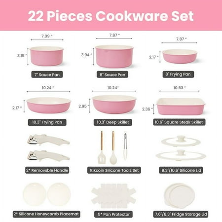 ?Ceramic?Kikcoin 22 pcs pots pans set Nonstick complete Cookware Set with Lids,Detachable Handle,PFAS-Free,Dishwasher Oven Safe,Kitchen,Mother's Day Gift