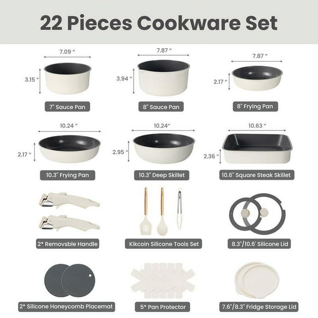 【Ceramic】Kikcoin 22 pcs pots pans set Nonstick complete Cookware Set with Lids,Detachable Handle,PFAS-Free,Dishwasher Oven Safe,Kitchen,Mother's Day Gift