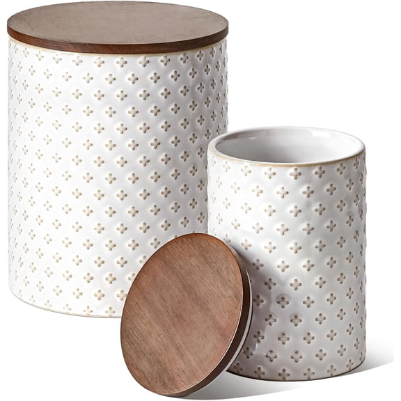 Ceramic Kitchen Canister Set with Airtight Lids, Food Storage Containers for Flour, Sugar, Coffee - Large Embossed Jars for Pantry Storage & Countertop Decor - Set of 2 (78/25 oz), Clover