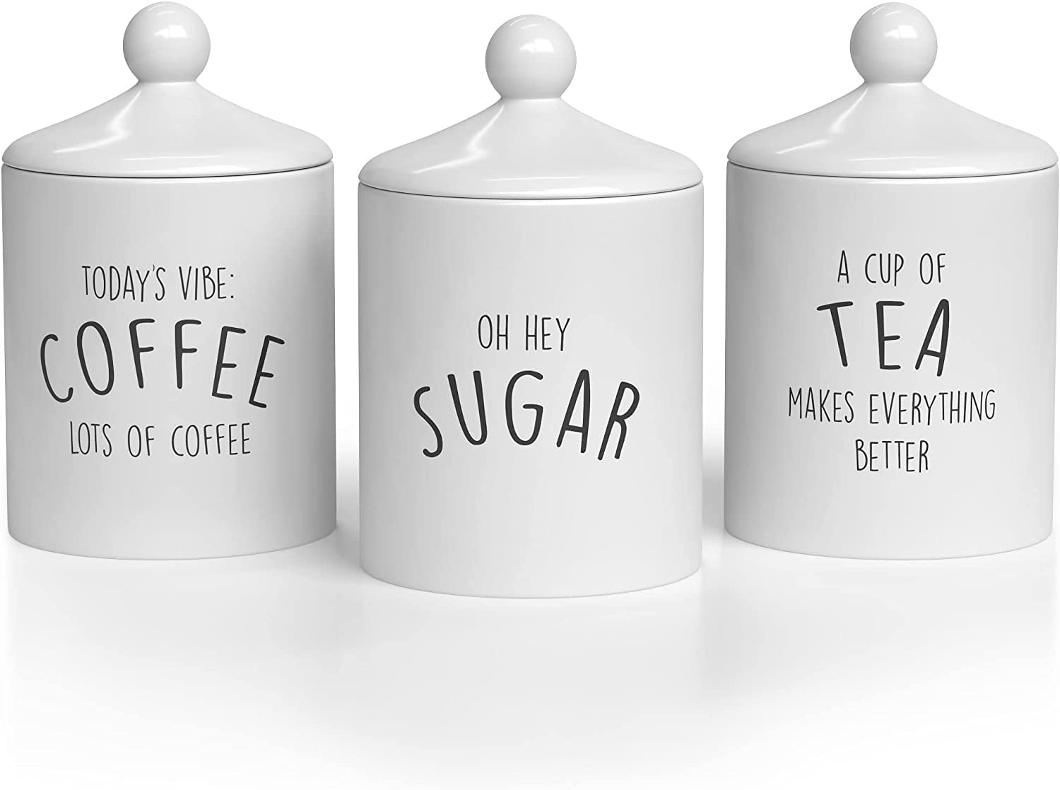 Ceramic Kitchen Canister Set  Decorative Farmhouse Coffee, Tea, Sugar Containers, Rustic Counter Storage Jars for Kitchen, White, Set of 3