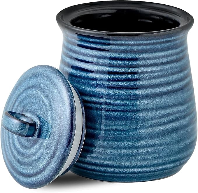 Tikooere 35oz Ceramic Airtight Food Storage Container, Vertical Ribbed Kitchen Canister with Seal Lid for Coffee, Tea, Sugar, Flour, blue