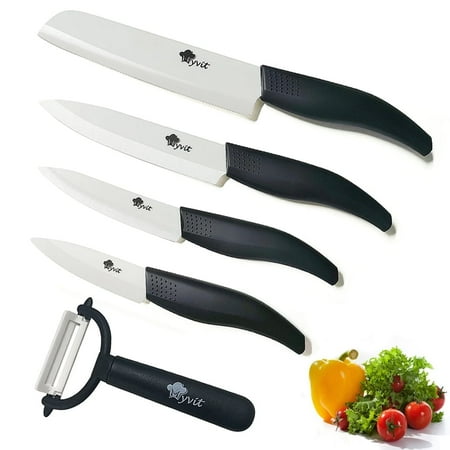Ceramic Kitchen Knife Set,4Pack Paring Knives with Covers, Ceramic Blade Fruit Knife with Peeler, Rustproof Chef Knife 3",4", 5", 6" Inch Black
