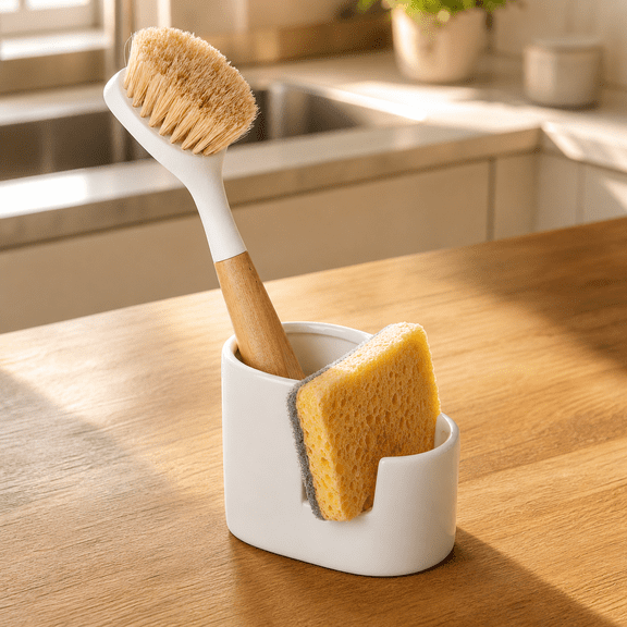 Ceramic Kitchen Sink Sponge Holder, 2-in-1 Brush Organizer, L-Shape White