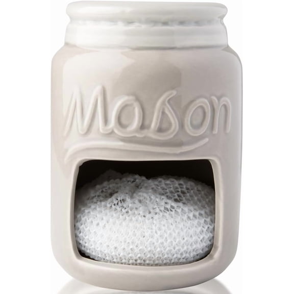 Ceramic Kitchen Sponge Holder - Farmhouse Style Sink Caddy - Mason Jar Decorative Kitchen Accessory - Country Rustic Sink Decor - Includes Free Sponge - Grey