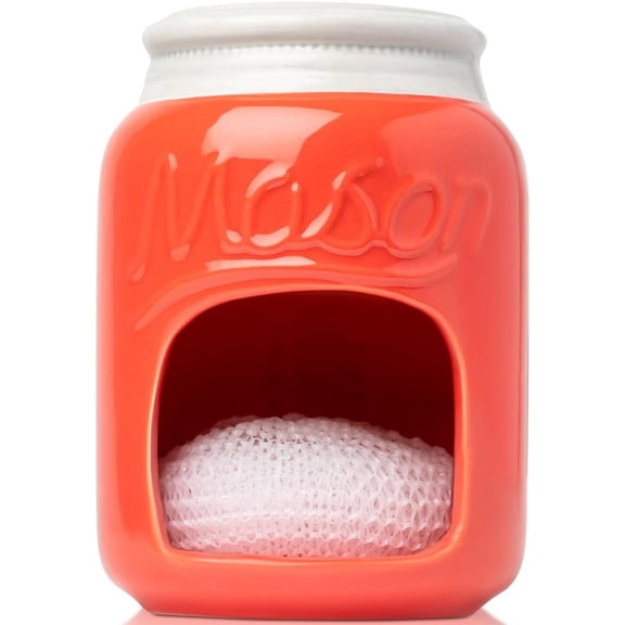 Comfify Ceramic Mason Jar Sponge Holder, Farmhouse Design, Coral