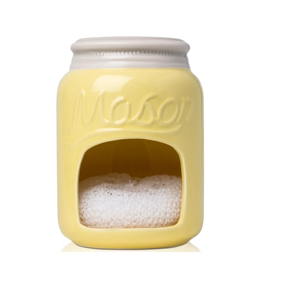 Comfify Ceramic Kitchen Sponge Holder Sink Caddy, Farmhouse Style Mason Jar, Scrubby Holder, Free Sponge Included, Yellow
