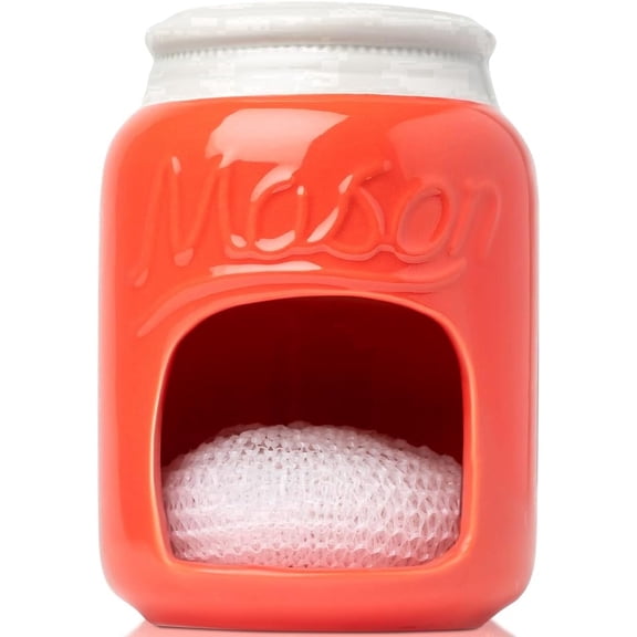 Comfify Ceramic Mason Jar Sponge Holder, Farmhouse Kitchen Sink Organizer, Coral