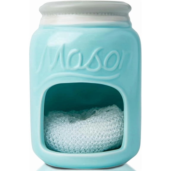 Comfify Sponge Holder Sink Caddy, Ceramic, Mason Jar Design, Countertop, Aqua Blue