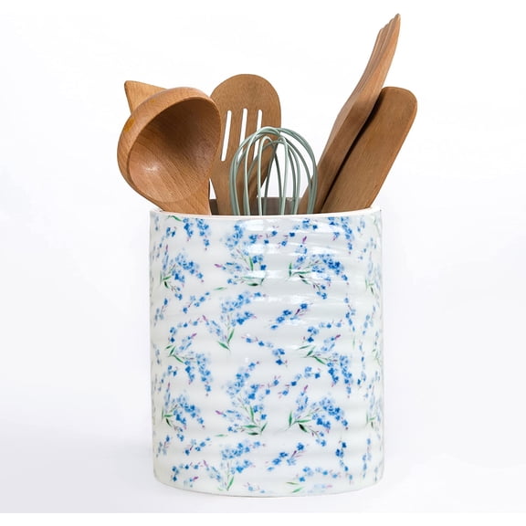Ceramic Kitchen Utensil Holder, 7.2 inch Extra Large Blue Blossom Floral Pattern Utensil Crock Holder Organizer