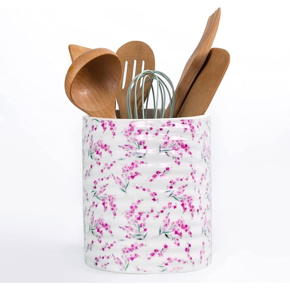 Ceramic Kitchen Utensil Holder, 7.2 inch Extra Large Pink Blossom Floral Pattern Utensil Crock Holder Organizer