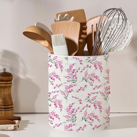 Ceramic Kitchen Utensil Holder, 7.2 inch Extra Large Pink Blossom Floral Pattern Utensil Crock Holder Organizer